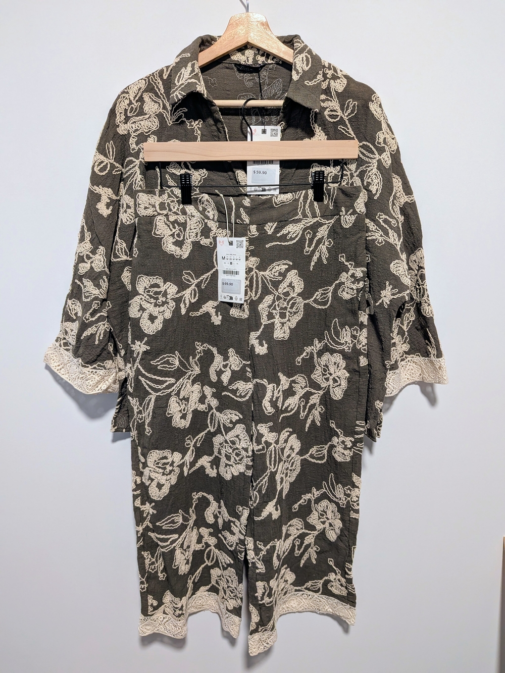Zara Olive Embroidered Floral Shirt & Wide Leg Crop Cotton Pants Set M Lace Trim